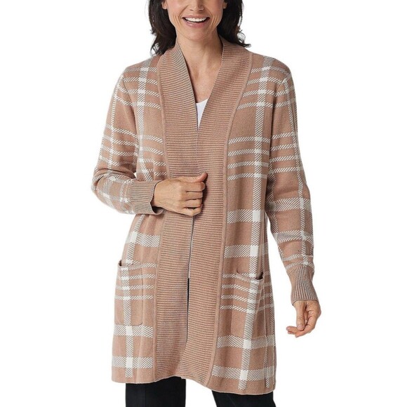 Isaac Mizrahi Live! QVC Pattern Jacquard Cozy Cardigan Cappuccino Plaid 1X - Picture 1 of 7